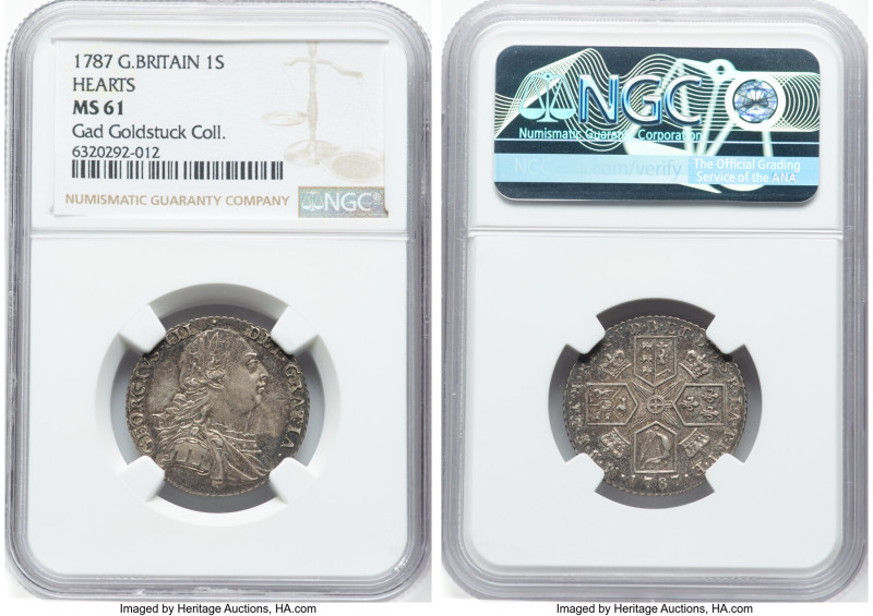 George III Shilling 1787 MS61 NGC, KM607.2, S-3746. With hearts in the Hanoveria...