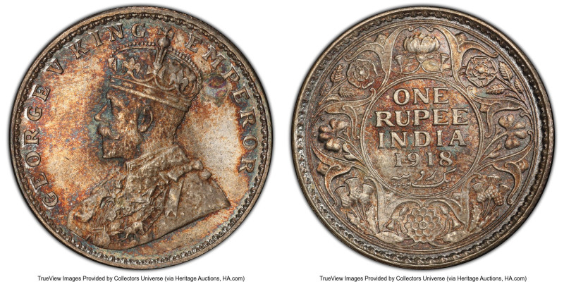 British India. George V Rupee 1918-(c) MS65 PCGS, Calcutta mint, KM524, S&W-8.41...