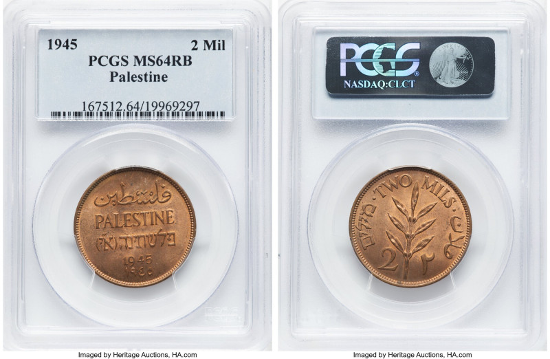 British Mandate 2 Mils 1945 MS64 Red and Brown PCGS, London mint, KM2. HID098012...