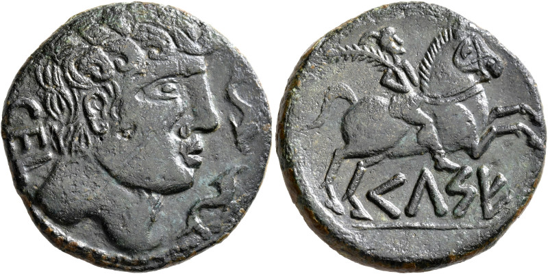 SPAIN. Kelse. Circa 45-44 BC. Unit (Bronze, 29 mm, 15.07 g, 3 h). CEL Bare male ...