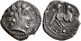 CENTRAL GAUL. Uncertain tribe. Mid 1st century BC. Quinarius (Silver, 14 mm, 2.09 g, 4 h). Celticized beardless male head to right, with thick locks o...