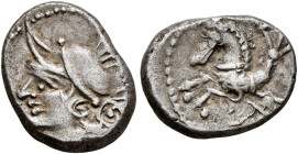 SOUTHERN GAUL. Allobroges. Circa 100-75 BC. Quinarius (Silver, 14 mm, 2.25 g, 10 h). Celticized helmeted head of Roma to left. Rev. Hippocamp left. DT...