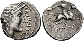 SOUTHERN GAUL. Allobroges. Circa 61-40 BC. Quinarius (Silver, 15 mm, 1.88 g, 1 h). DVRNACVS Celticized helmeted head of Roma to right. Rev. DONNVS Hor...
