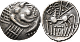 SOUTHERN GAUL. Elusates. Circa 2nd century BC. Drachm (Silver, 17 mm, 2.82 g, 9 h). Devolved and disjointed male head to left. Rev. Stylized horse to ...