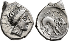 SOUTHERN GAUL. Insubres. 2nd century BC. Drachm (Silver, 18 mm, 2.25 g, 12 h), imitating Massalia. Head of nymph to right, wearing triple-pendant earr...