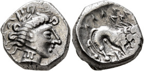 SOUTHERN GAUL. Insubres. 2nd century BC. Drachm (Silver, 14 mm, 3.39 g, 7 h), imitating Massalia. Head of nymph to right, wearing triple-pendant earri...