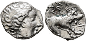 SOUTHERN GAUL. Insubres. 2nd century BC. Drachm (Silver, 13 mm, 2.30 g, 4 h), imitating Massalia. Head of nymph to right. Rev. Lion right; above, devo...