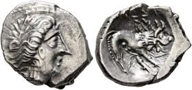 SOUTHERN GAUL. Insubres. 2nd century BC. Drachm (Silver, 16 mm, 2.33 g, 6 h), imitating Massalia. Head of nymph to right, wearing triple-pendant earri...