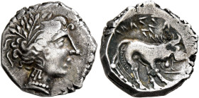 SOUTHERN GAUL. Insubres. 2nd century BC. Drachm (Silver, 16 mm, 3.13 g, 9 h), imitating Massalia. Head of nymph to right, wearing triple-pendant earri...