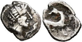 SOUTHERN GAUL. Nedenes. 1st century BC. Obol (Silver, 10 mm, 0.51 g, 1 h). Female (?) head to right; below chin, dolphin swimming right. Rev. Celticiz...