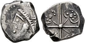 SOUTHERN GAUL. Ruteni. Late 2nd-early 1st century BC. Drachm (Silver, 13 mm, 2.43 g), 'aux feuilles aquatiques'. Female head to left, hair in a long t...