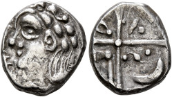 SOUTHERN GAUL. Volcae-Tectosages. 2nd century BC. Drachm (Silver, 14 mm, 2.79 g). Celticized head to left; around, branches. Rev. Cross; crescent moon...
