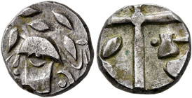 SOUTHERN GAUL. Volcae-Tectosages. 2nd century BC. Quinarius (Silver, 13 mm, 1.89 g, 7 h). Celticized head to left; around, branches. Rev. Cross; cresc...