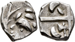 SOUTHERN GAUL. Volcae-Tectosages. 2nd century BC. Drachm (Silver, 14 mm, 2.66 g, 1 h). Celticized head to left; around, branches. Rev. Cross; crescent...