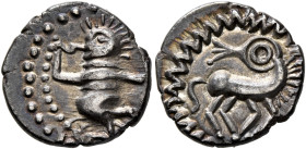 CENTRAL EUROPE. Uncertain tribe. Mid to late 1st century BC. Quinarius (Silver, 13 mm, 1.40 g, 6 h), 'Tanzendes Männlein' type, uncertain mint in Hess...