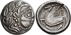 CARPATHIAN REGION. Uncertain tribe. Circa 2nd century BC. Tetradrachm (Silver, 23 mm, 10.42 g, 2 h), 'Schnabelpferd' type. Celticized laureate head of...