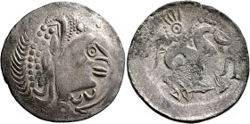 CARPATHIAN REGION. Uncertain tribe. Circa 2nd-1st century BC. Tetradrachm (Silver, 32 mm, 8.89 g, 3 h), 'Scyphat mit Ringelkopfreiter' type. Celticize...