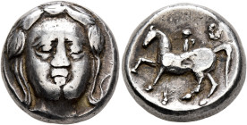 MIDDLE DANUBE. Uncertain tribe. Circa 3rd century BC. Tetradrachm (Silver, 20 mm, 12.74 g, 3 h), 'Apollokopf-Dickschrötling' type. Facing youthful mal...