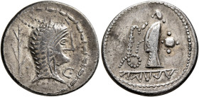 MIDDLE DANUBE. Eravisci. Mid to late 1st century BC. Denarius (Silver, 19 mm, 3.58 g, 1 h), imitating a denarius of L. Roscius Fabatus of 59 BC. Head ...