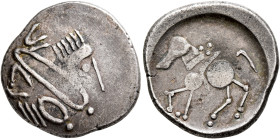 LOWER DANUBE. Uncertain tribe. Circa 2nd century BC. Tetradrachm (Silver, 22 mm, 7.17 g, 12 h), 'Sattelkopfpferd' type, imitating Philip II of Macedon...