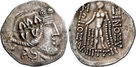 LOWER DANUBE. Imitations of Thasos. Late 2nd-1st century BC. Tetradrachm (Silver, 35 mm, 16.17 g, 1 h). Celticized head of Dionysos to right, wearing ...
