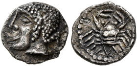 GAUL. Massalia. Circa 460-450 BC. Obol (Silver, 9 mm, 0.60 g, 8 h). Archaic head of Apollo to left. Rev. Crab; below, M. Maurel 224. Nicely toned. Som...