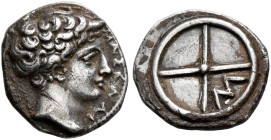 GAUL. Massalia. Circa 410-380 BC. Obol (Silver, 10 mm, 0.78 g, 7 h). MAΣΣA[ΛI] Horned head of Lakydon to right. Rev. Wheel of four spokes; M in one qu...