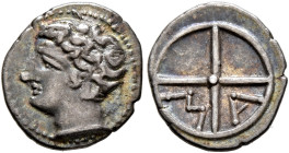 GAUL. Massalia. Circa 310-250 BC. Obol (Silver, 11 mm, 0.73 g, 6 h). Bare head of Apollo to left. Rev. Wheel of four spokes; M-A in two quarters. Maur...