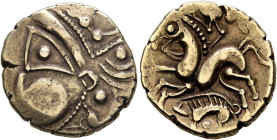 NORTHWEST GAUL. Aulerci Eburovices. Late 2nd to first half of 1st century BC. Half Stater (Electrum, 17 mm, 3.29 g, 3 h), 'au sanglier' type. Celticiz...