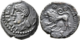 NORTHWEST GAUL. Carnutes. Pixtilos, circa 50-30 BC. AE (Bronze, 16 mm, 3.24 g, 11 h), 'au lion' type. PIXTILOS Head to left with hair pulled back and ...
