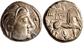 CENTRAL GAUL. Lemovices. Late 2nd to early 1st century BC. Stater (Electrum, 17 mm, 6.59 g, 3 h), 'à la grue et au trèfle' type. Male head to right; b...