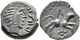 CENTRAL GAUL. Pictones. Mid 1st century BC. AE (Bronze, 16 mm, 2.74 g, 8 h), 'à la légende dégénérée de VERETIOS'. Devolved legend Celticized head to ...
