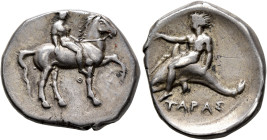 CALABRIA. Tarentum. Circa 365-355 BC. Didrachm or Nomos (Silver, 23 mm, 7.87 g, 9 h). Nude youth on horse prancing right, holding bridles in his left ...
