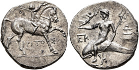 CALABRIA. Tarentum. Punic occupation, circa 212-209 BC. Half Shekel (Silver, 19 mm, 3.78 g, 12 h), Kritos, magistrate. KΡΙΤΟ-Σ Nude youth on horseback...