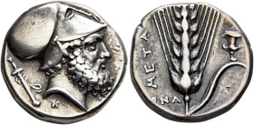 LUCANIA. Metapontion. Circa 340-330 BC. Didrachm or Nomos (Silver, 20 mm, 7.78 g, 10 h). [ΛEYKIΠΠOΣ] Bearded head of Leukippos to right, wearing Corin...