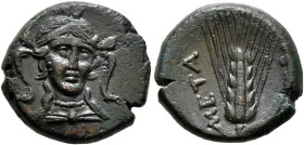 LUCANIA. Metapontion. Circa 300-250 BC. AE (Bronze, 17 mm, 4.27 g, 12 h). Head of Athena facing slightly to right, wearing triple-crested helmet. Rev....