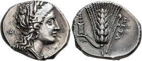 LUCANIA. Metapontion. Circa 290-280 BC. Didrachm or Nomos (Silver, 23 mm, 7.65 g, 12 h). ΔI Head of Demeter to right, wearing wreath of grain ears, si...