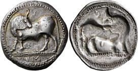 LUCANIA. Sybaris. Circa 550-510 BC. Stater (Silver, 29 mm, 7.79 g, 12 h). Bull standing left on dotted ground line, his head turned back to right; in ...