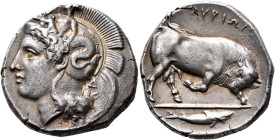 LUCANIA. Thourioi. Circa 400-350 BC. Distater (Silver, 27 mm, 15.73 g, 5 h). Head of Athena to left, wearing crested Attic helmet adorned, on the bowl...