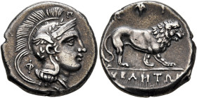 LUCANIA. Velia. Circa 300-280 BC. Didrachm or Nomos (Silver, 19 mm, 7.48 g, 12 h). Head of Athena to right, wearing winged, laureate and crested Attic...