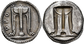 BRUTTIUM. Kroton. Circa 530-500 BC. Stater (Silver, 29 mm, 7.98 g, 12 h). ϘΡΟ Tripod with legs ending in lion's feet, and with three handles and snake...