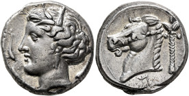 SICILY. Entella (?). Punic issues, circa 320/15-300 BC. Tetradrachm (Silver, 23 mm, 17.29 g, 6 h). Head of Tanit-Persephone to left, wearing wreath of...