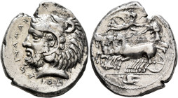 SICILY. Kamarina. Circa 415-400 BC. Tetradrachm (Silver, 29 mm, 17.17 g, 12 h). Charioteer driving quadriga galloping to left, holding the reins with ...