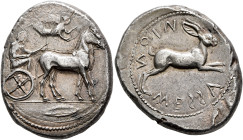 SICILY. Messana. 450-446 BC. Tetradrachm (Silver, 30 mm, 17.44 g, 7 h). Charioteer, holding kentron in his right hand and reins in his left, driving b...
