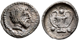 SICILY. Naxos. Circa 430/20-415 BC. Tetras or Trionkion (Silver, 7 mm, 0.16 g, 9 h). NA Bearded head of Dionysos to right. Rev. Kantharos; around, thr...
