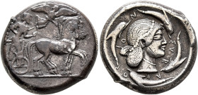 SICILY. Syracuse. Deinomenid Tyranny, 485-466 BC. Tetradrachm (Silver, 24 mm, 17.25 g, 6 h), circa 480-475. Charioteer driving quadriga walking to rig...
