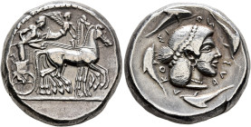 SICILY. Syracuse. Deinomenid Tyranny, 485-466 BC. Tetradrachm (Silver, 24 mm, 17.26 g, 3 h), circa 475-470. Charioteer, holding kentron in his right h...