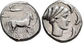 SICILY. Syracuse. Second Democracy, 466-405 BC. Tetradrachm (Silver, 26 mm, 17.24 g, 9 h), circa 430-420. Charioteer driving quadriga walking to right...