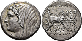 SICILY. Syracuse. Philistis, wife of Hieron II, 275-215 BC. 16 Litrai or Tetradrachm (Silver, 26 mm, 13.55 g, 3 h), circa 240-218/5. Diademed and veil...
