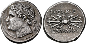 SICILY. Syracuse. Hieronymos, 215-214 BC. 10 Litrai (Silver, 23 mm, 8.47 g, 9 h). Diademed head of Hieronymos to left. Rev. BAΣIΛEΩΣ - IEPΩNYMOY Winge...